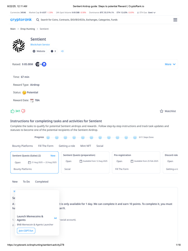 Sentient Airdrop Guide - Steps To Potential Reward - CryptoRank - Io | PDF