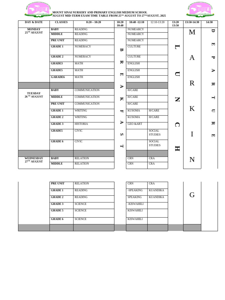 Mid-Term Time Table August 2025 | PDF | Reading (Process) | Human ...