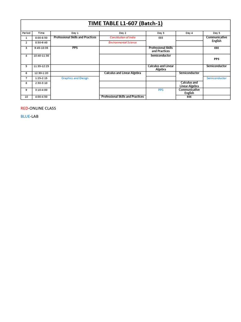 Time Table l1 607 Sem 1 | PDF