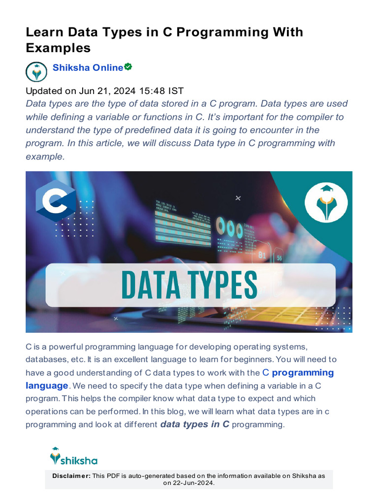 C Data Types Explained with Examples | PDF | Data Type | Integer ...