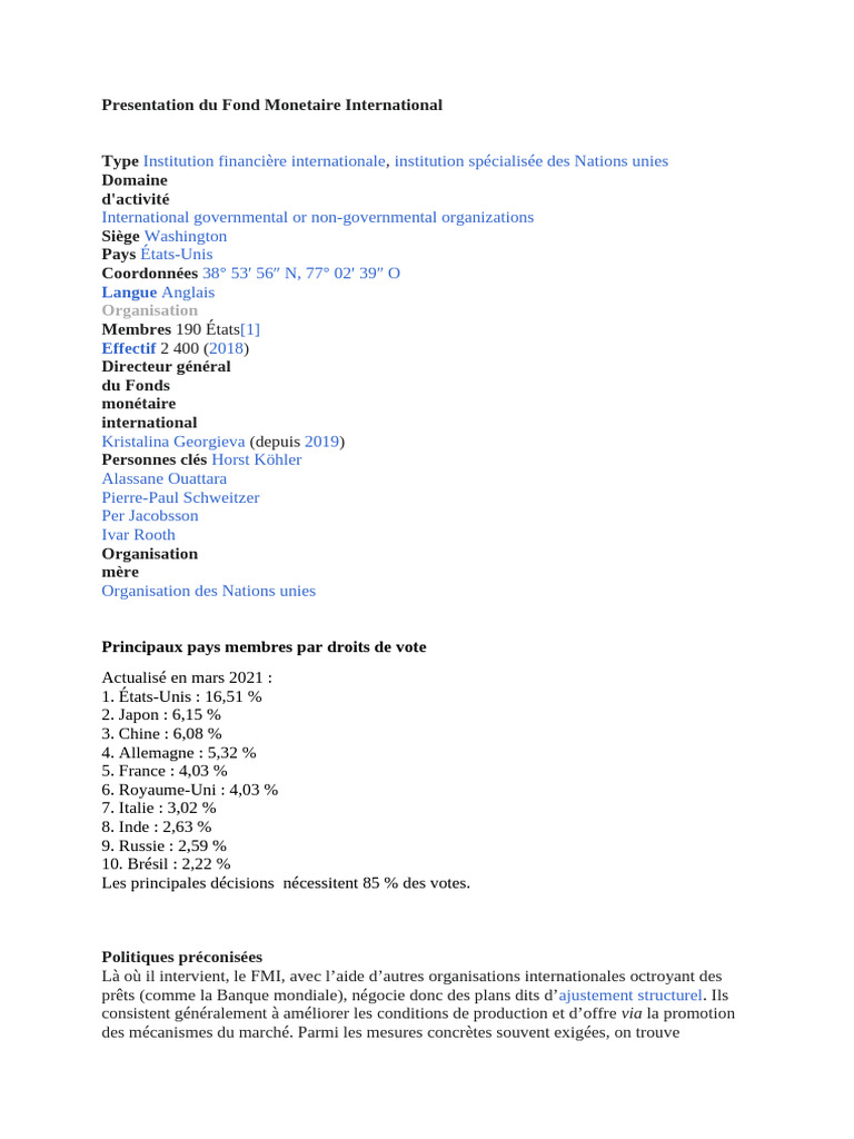 Présentation du Fonds Monétaire International | PDF | Fonds monétaire ...
