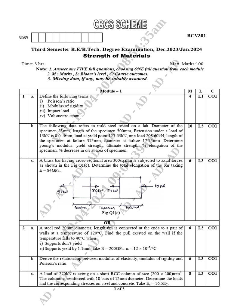 BCV301 Strength of Materials Exam Paper | PDF | Bending | Beam (Structure)