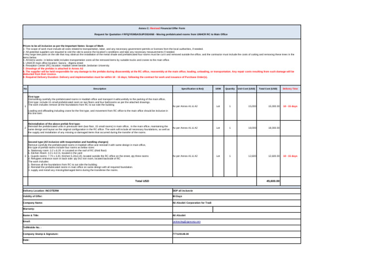 Quotation for Prefab Room Relocation | PDF