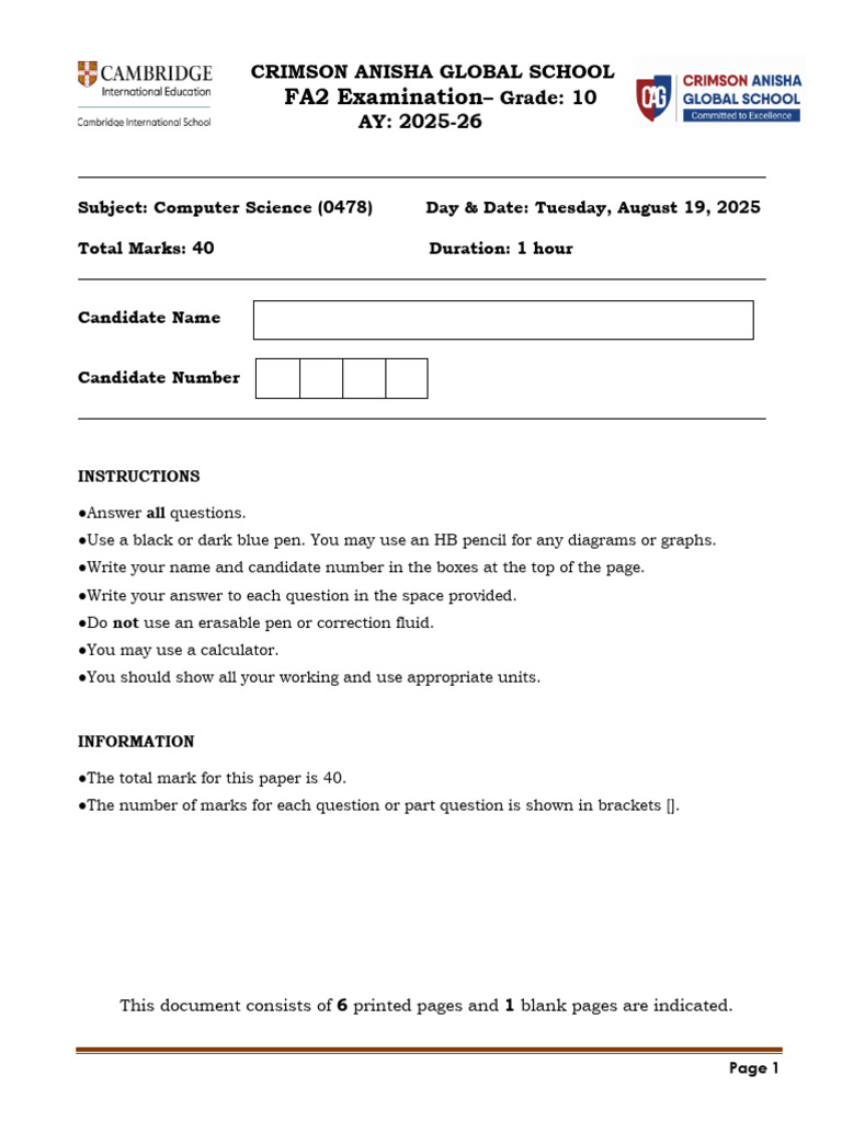 CS Exam Paper for Grade 10 | PDF | Computer Data Storage | Random ...