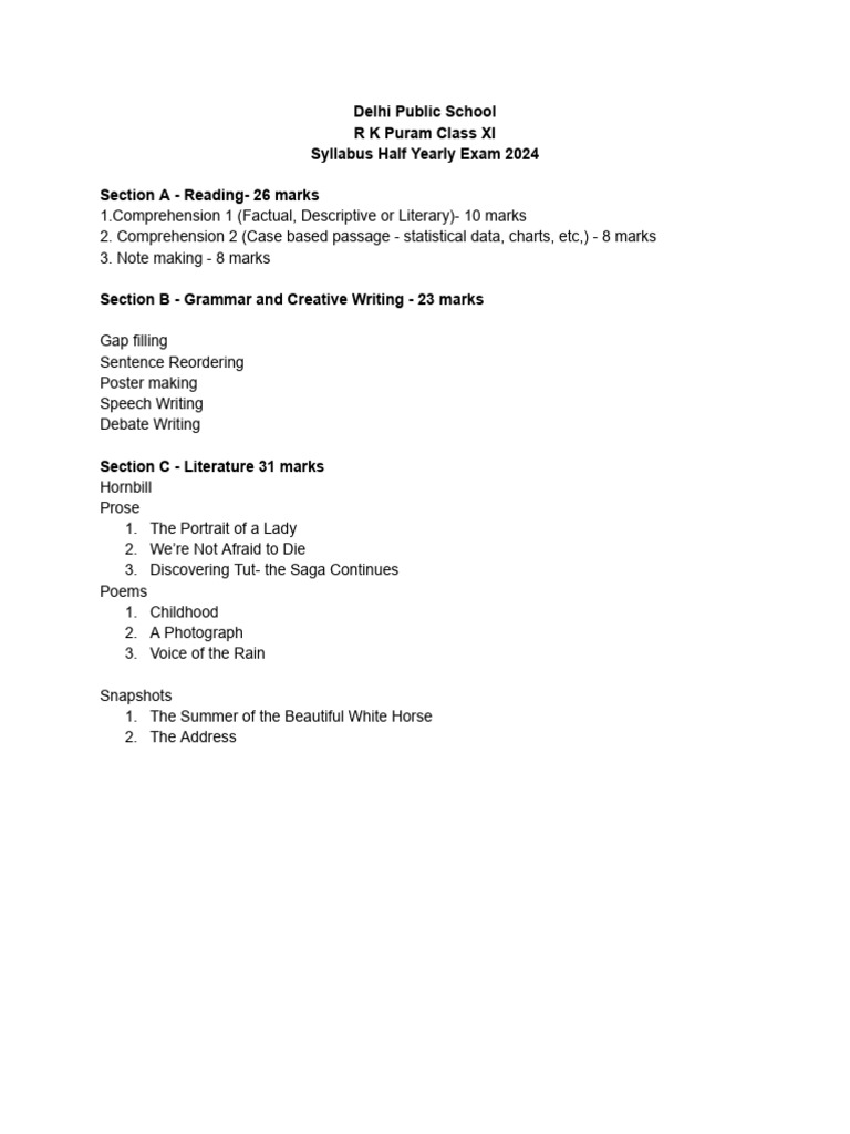 DPS R K Puram Class XI Half-Yearly Syllabus | PDF