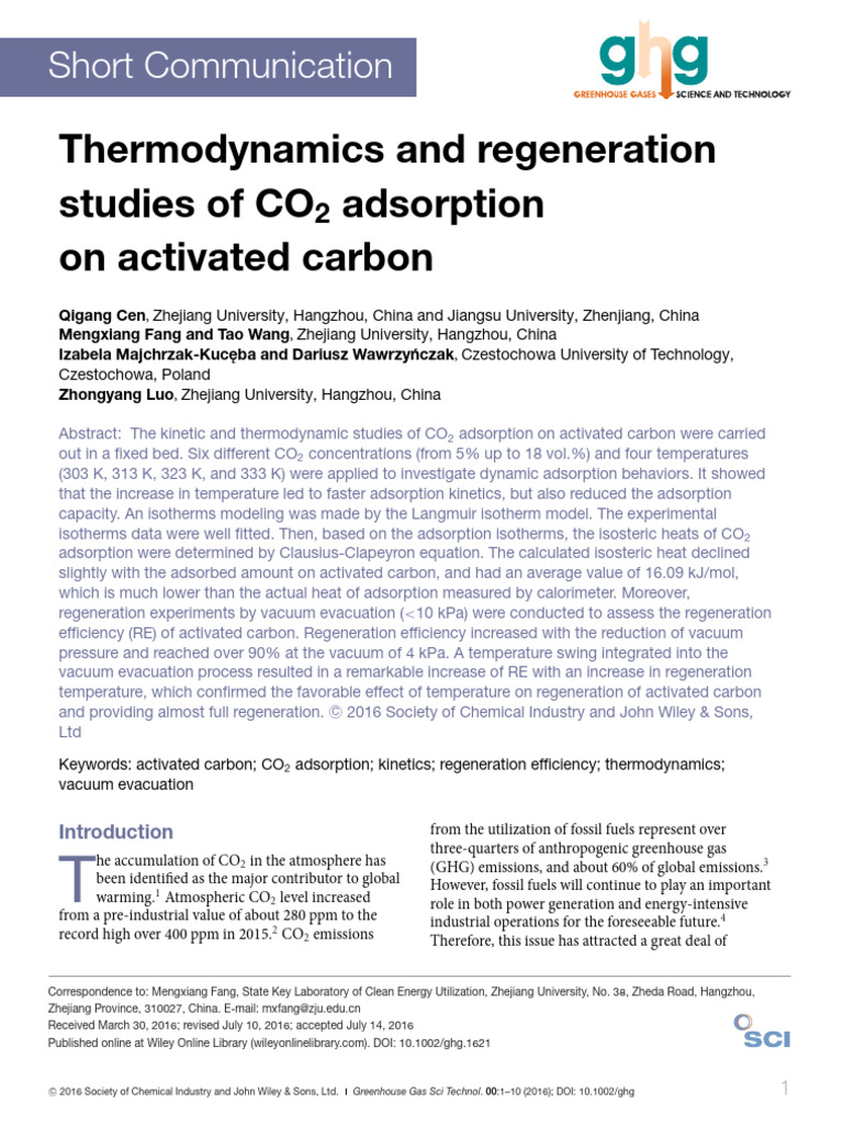 CO2 Adsorption on Activated Carbon: Thermodynamics and Regeneration ...