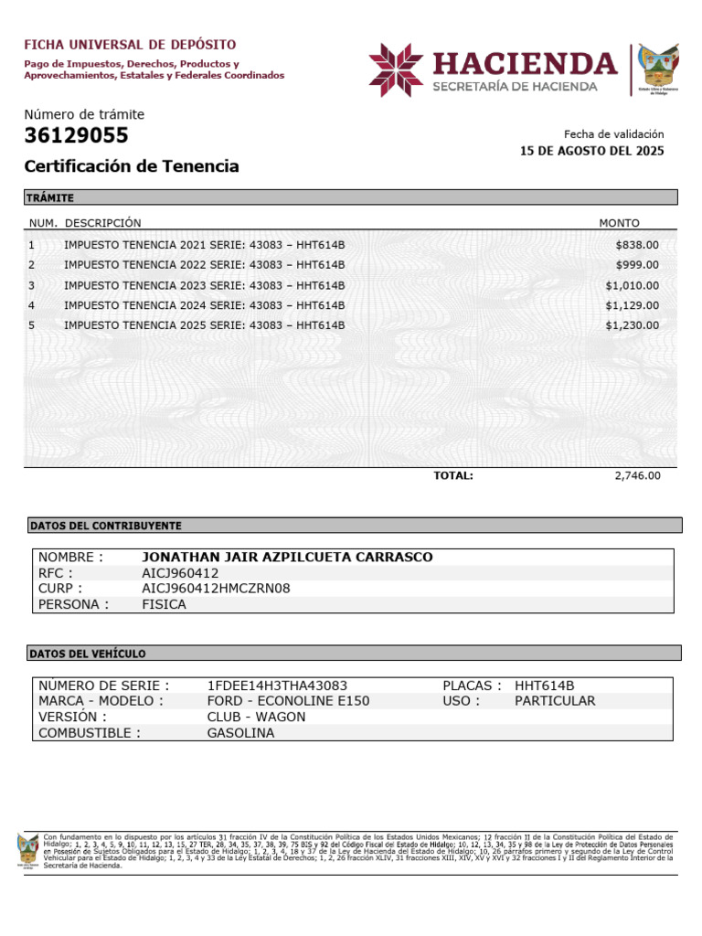 Certificación de Tenencia Hidalgo 2023 | PDF