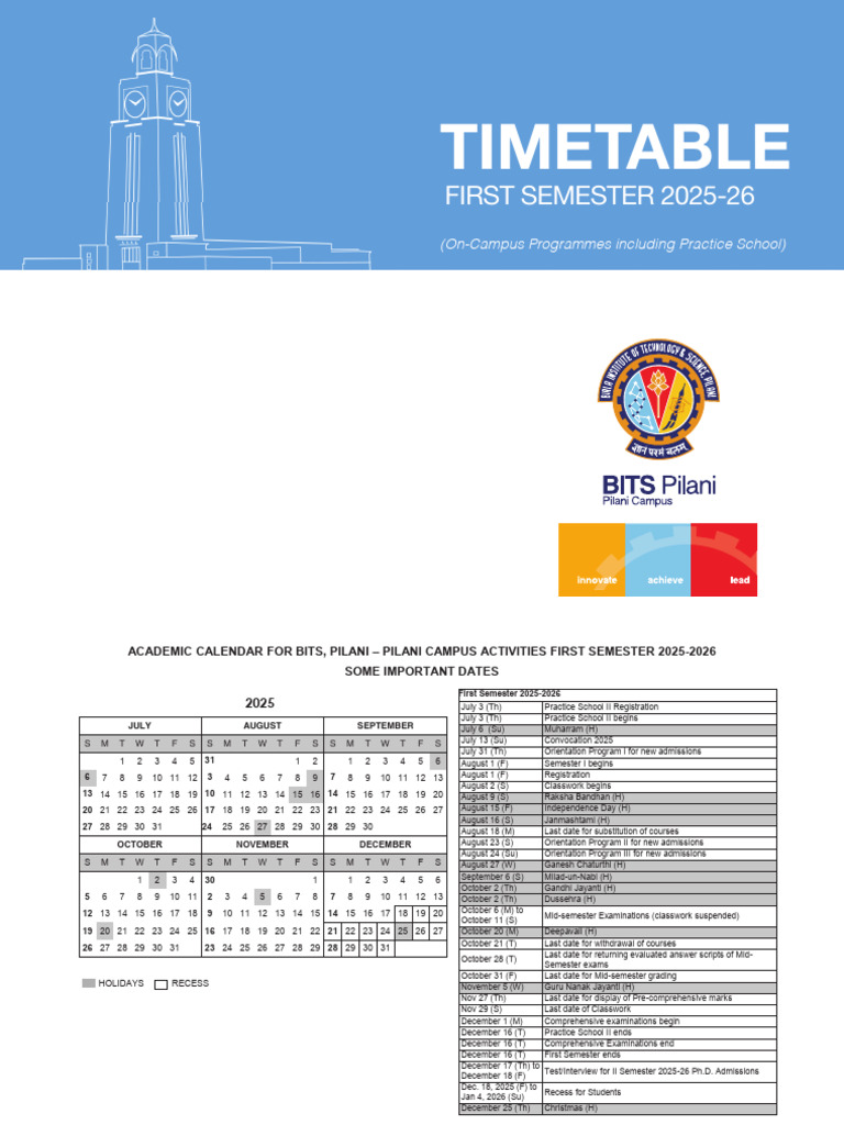 BITS Pilani First Semester Timetable 2025 | PDF | Postgraduate ...