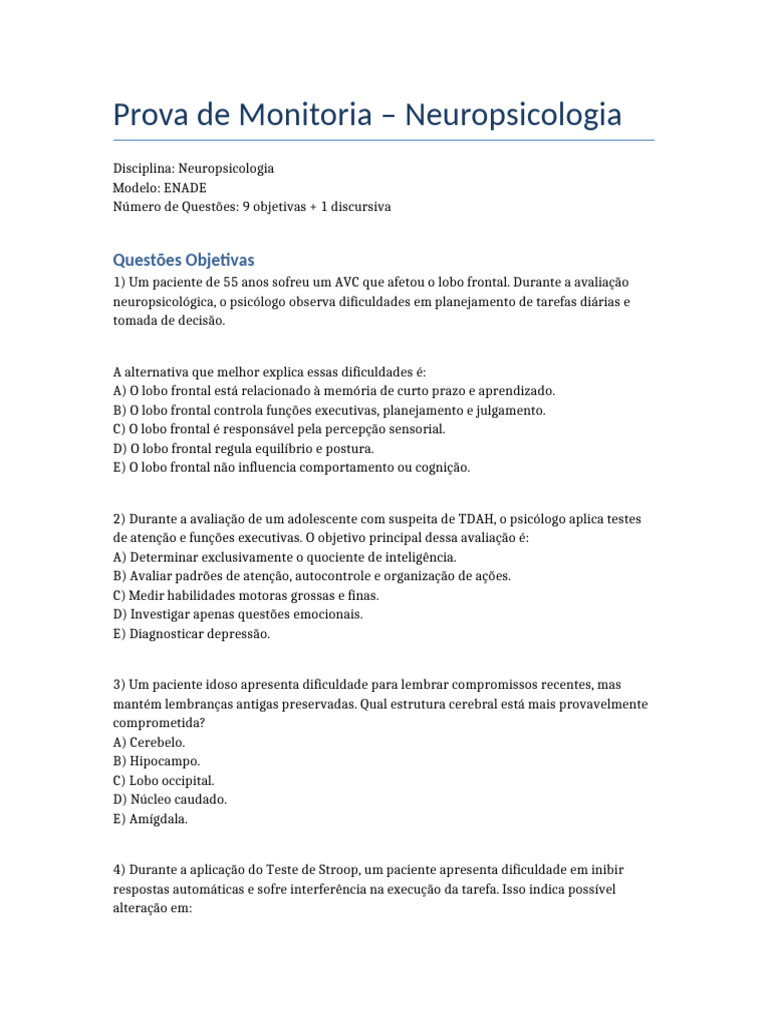 Prova de Monitoria em Neuropsicologia | PDF | Neuropsicologia | Memória