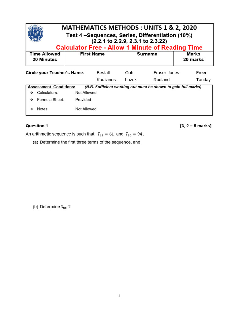 Mathematics Methods Test: Sequences & Differentiation | PDF | Function ...