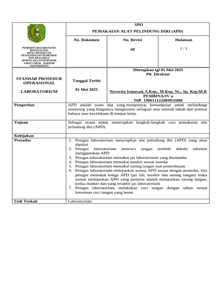 Prosedur Pemakaian APD di Laboratorium | PDF