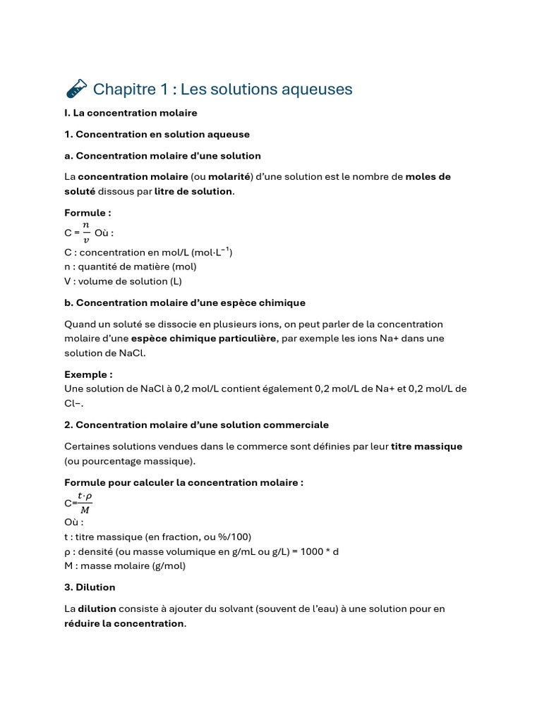 Concentration molaire et pH des solutions | PDF | Concentration molaire ...