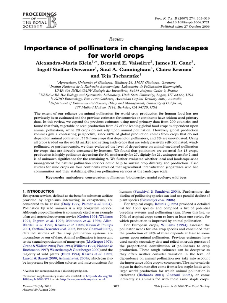 Klein Et Al Importance of Pollinators in Changing Landscapes For World ...