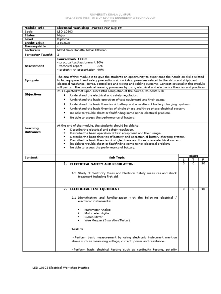 Led 10603 Electrical Workshop Practice Revaug09 | Electrical Connector |  Electrical Equipment
