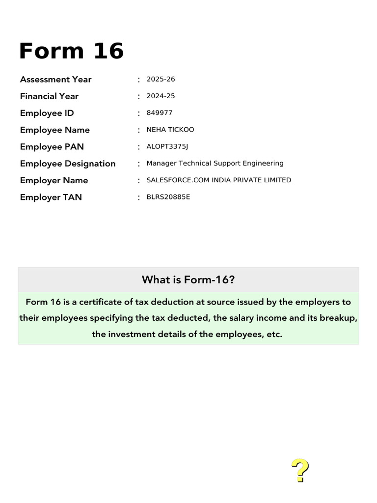 Form 16 for Neha Tickoo - AY 2025-26 | PDF | Employee Benefits | Tax ...