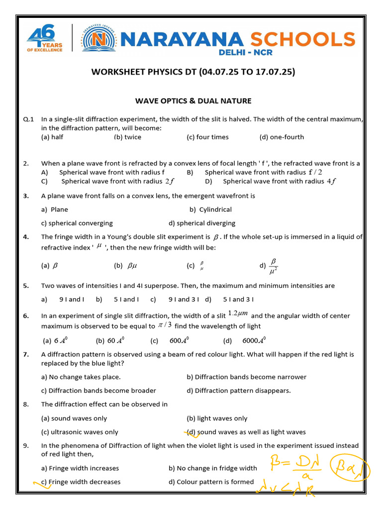 Wave Optics Worksheet for Physics | PDF | Diffraction | Wavelength