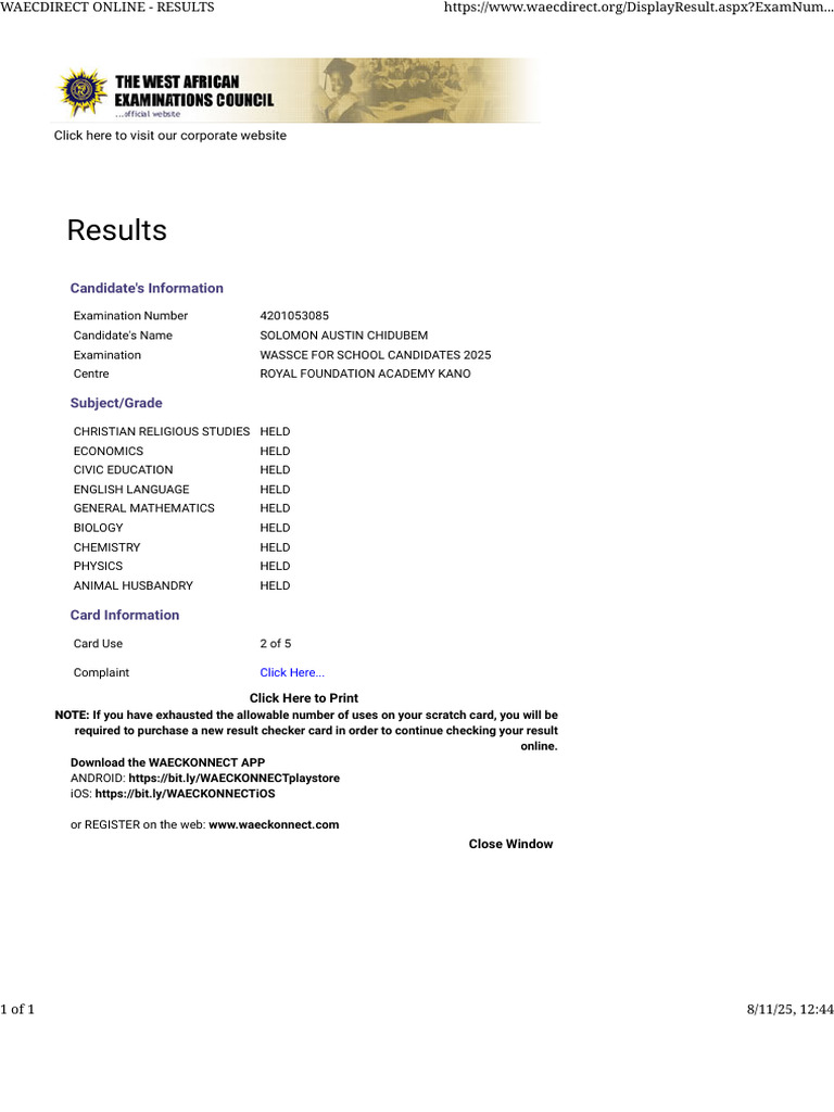WAEC Result Checker for 2025 Candidates | PDF