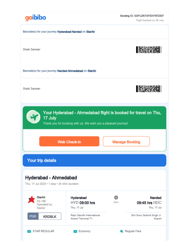 Hyderabad to Ahmedabad Flight Details | PDF