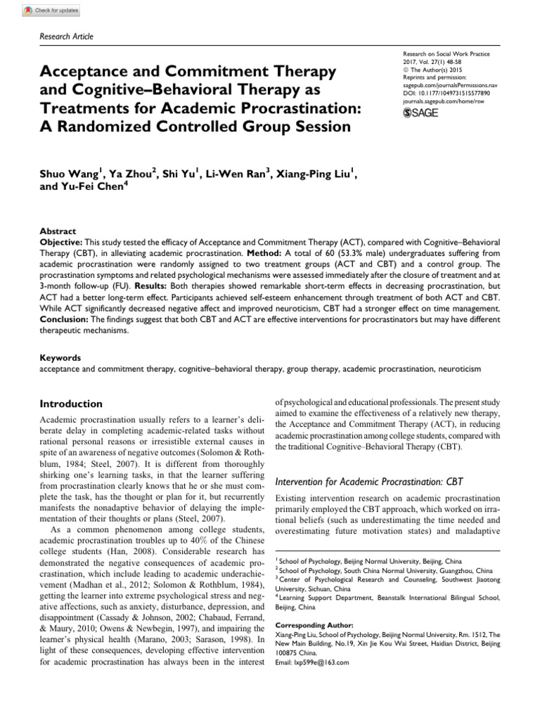 ACT vs CBT for Academic Procrastination | PDF | Cognitive Behavioral ...