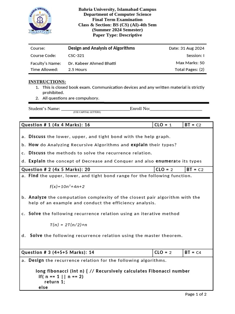DAA Final Exam Paper - Summer 2024 | PDF | Recurrence Relation | Algorithms