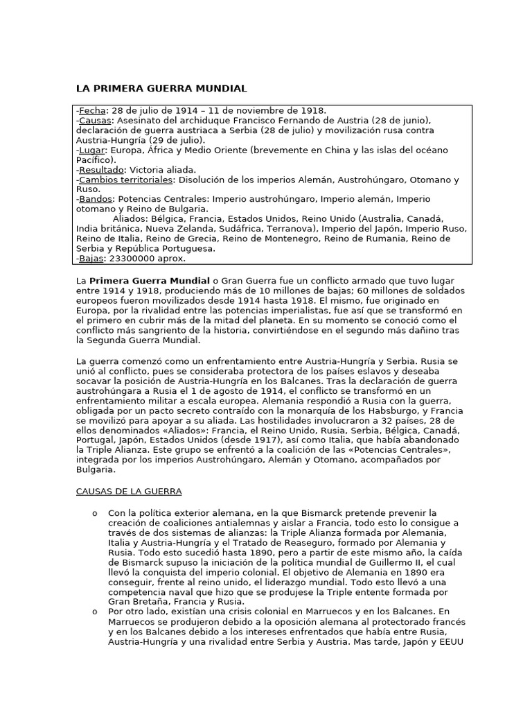 Causas y Desarrollo de la Primera Guerra Mundial | PDF | Austria ...
