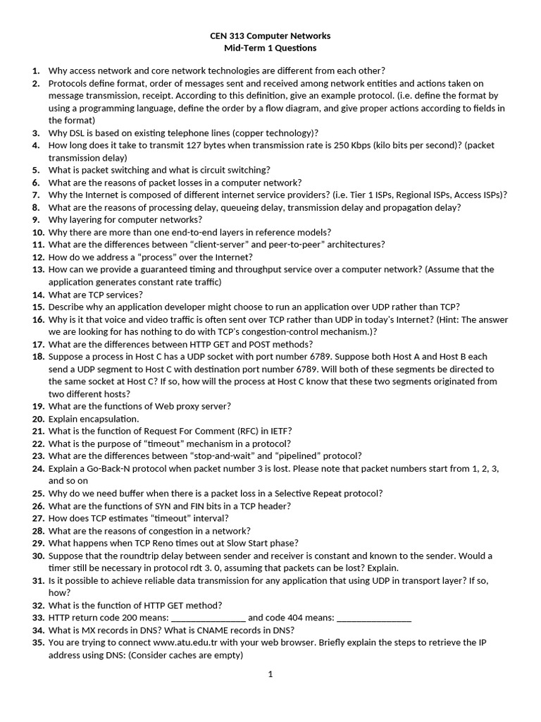 CEN 313 Computer Networks Mid-Term Questions | PDF | Transmission ...