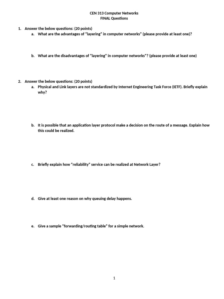 CEN 313 Computer Networks Final Exam Questions | PDF | Computer Network ...