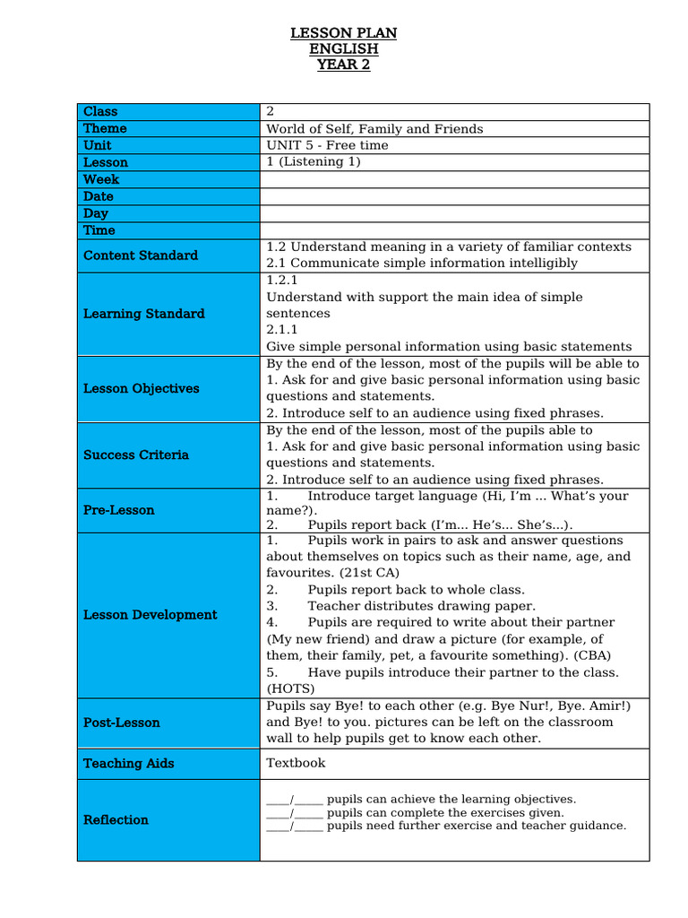 Year 2 English Lesson Plan: Free Time | PDF | Lesson Plan | Teachers