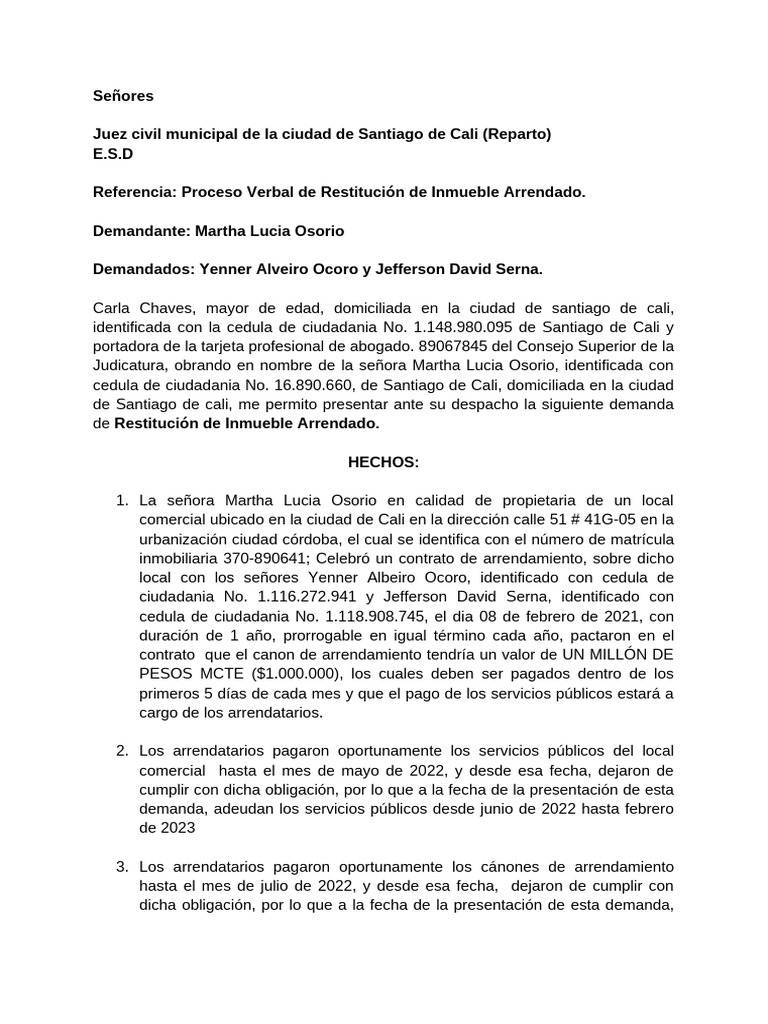 Demanda de Restitución de Inmueble en Cali | PDF
