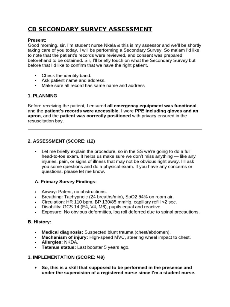 Secondary Survey Scenario | PDF | Health Care | Medicine