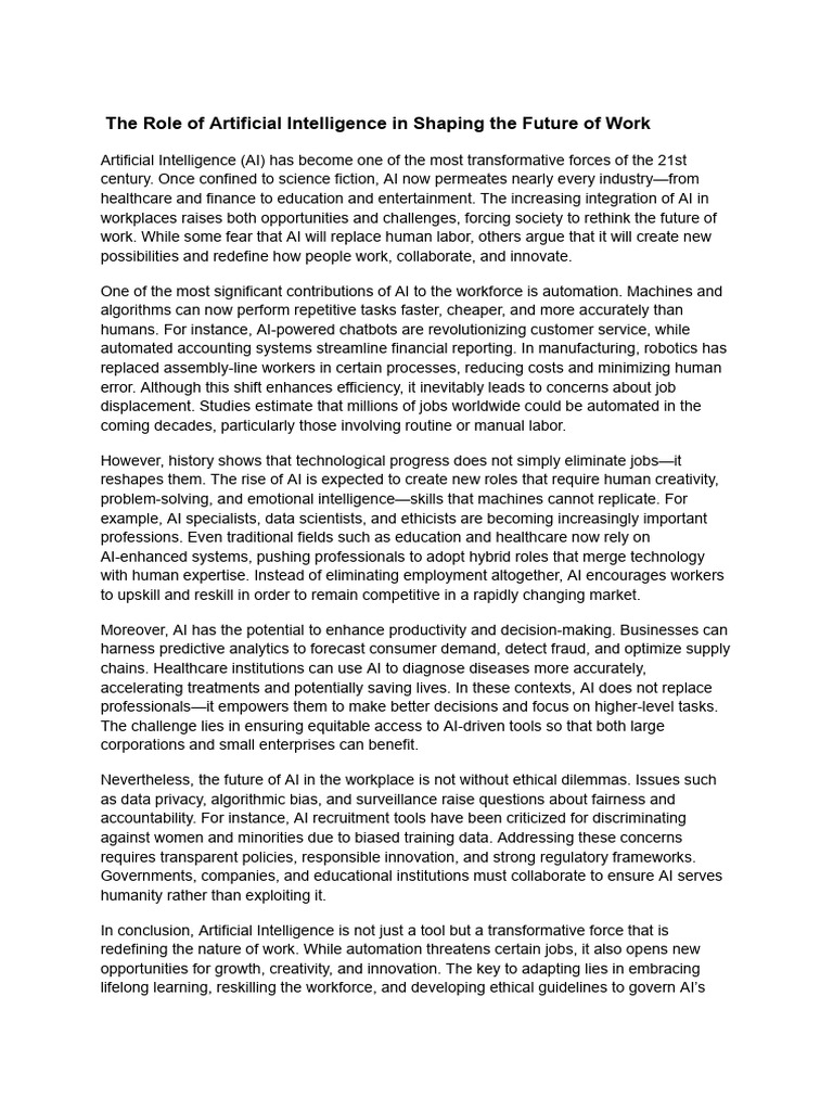The Role of Artificial Intelligence in Shaping The Future of Work | PDF ...