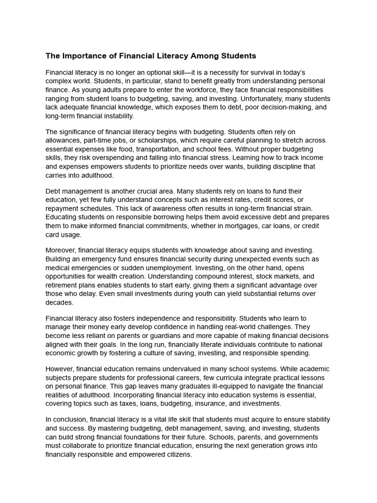 Financial Literacy: A Student Essential | PDF | Financial Literacy | Debt