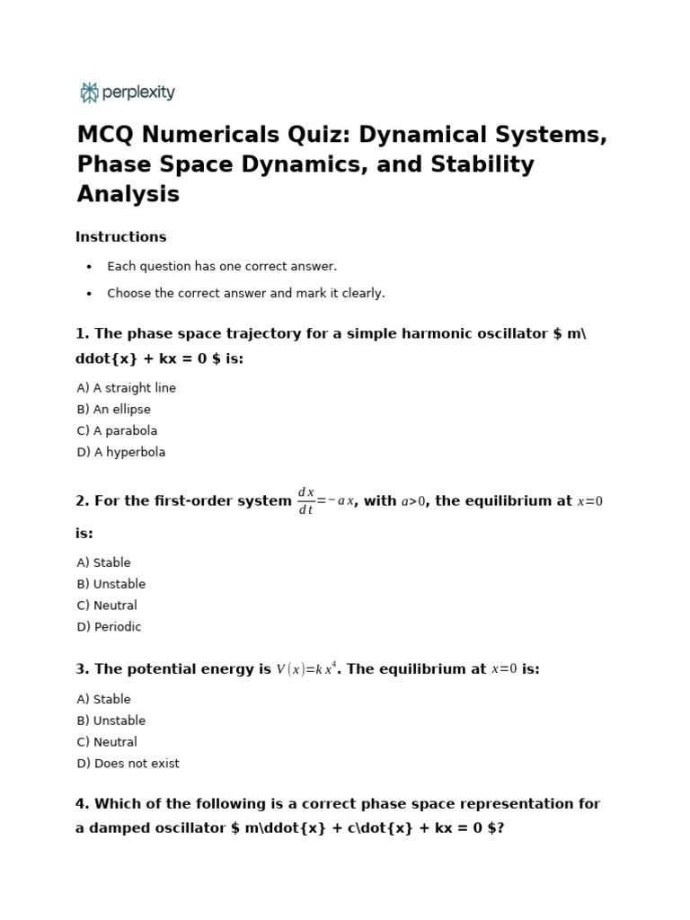 MCQ Numericals Quiz - Dynamical Systems, Phase Spac | PDF | Applied ...