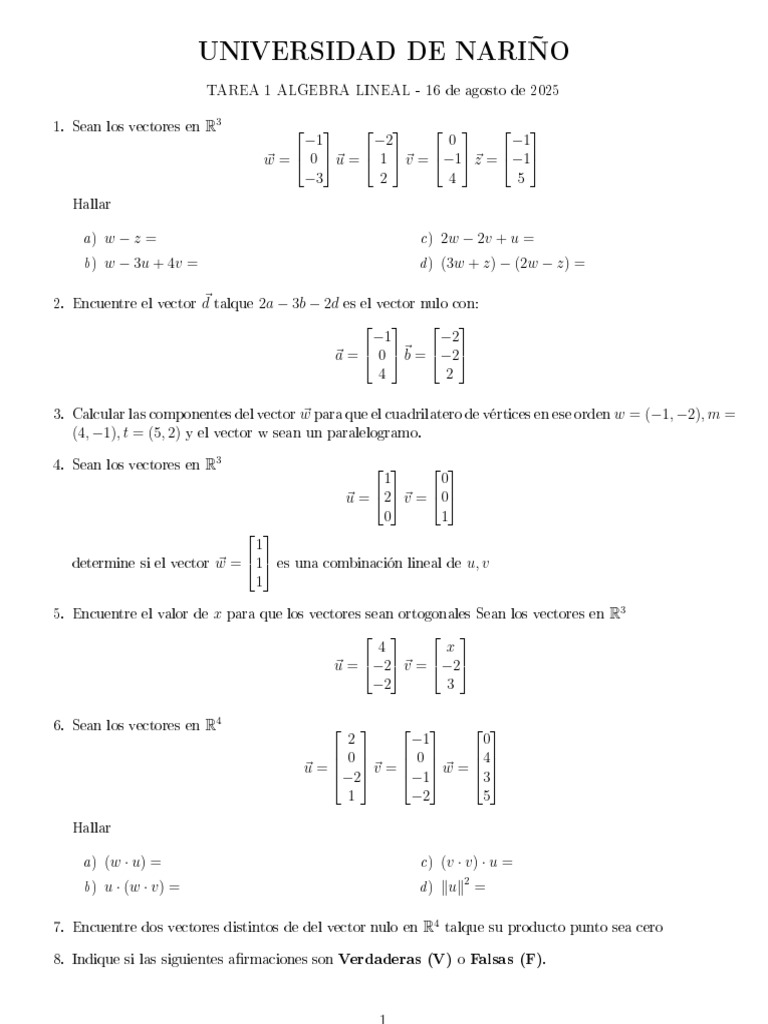 Tarea 1 Algebra Lineal b25 | PDF | Vector Euclidiano | Álgebra abstracta