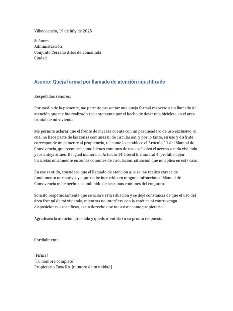 Queja por atención injustificada en Lomalinda | PDF