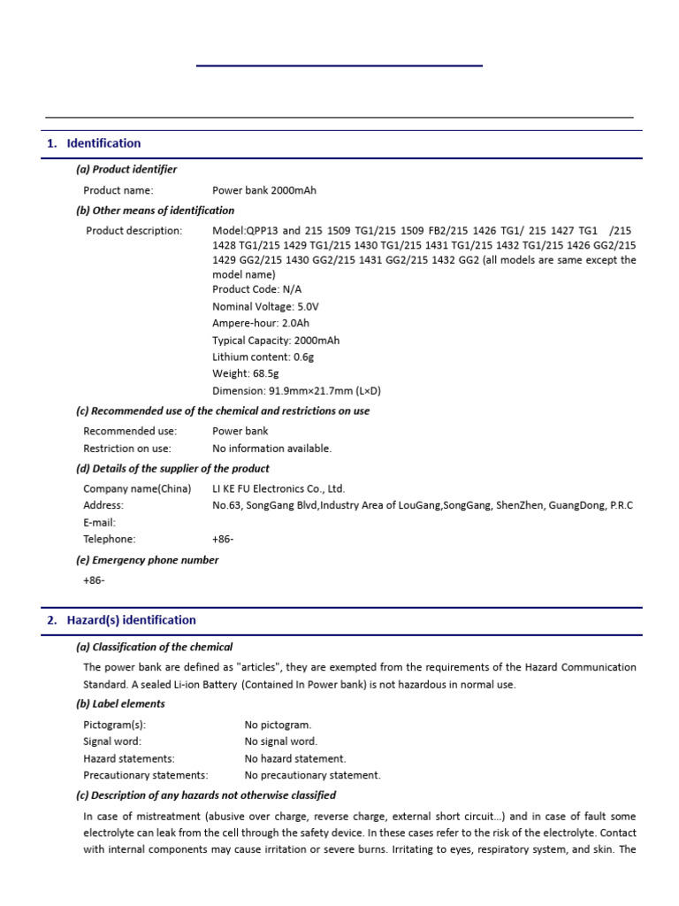 Safety Data Sheet: 1. Identification | PDF | Lithium Ion Battery ...