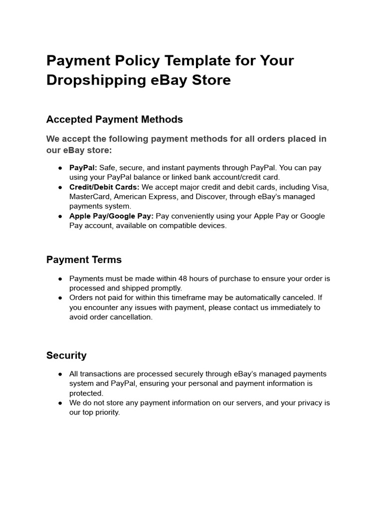 Payment Policy Template For Your Dropshipping EBay Store | PDF