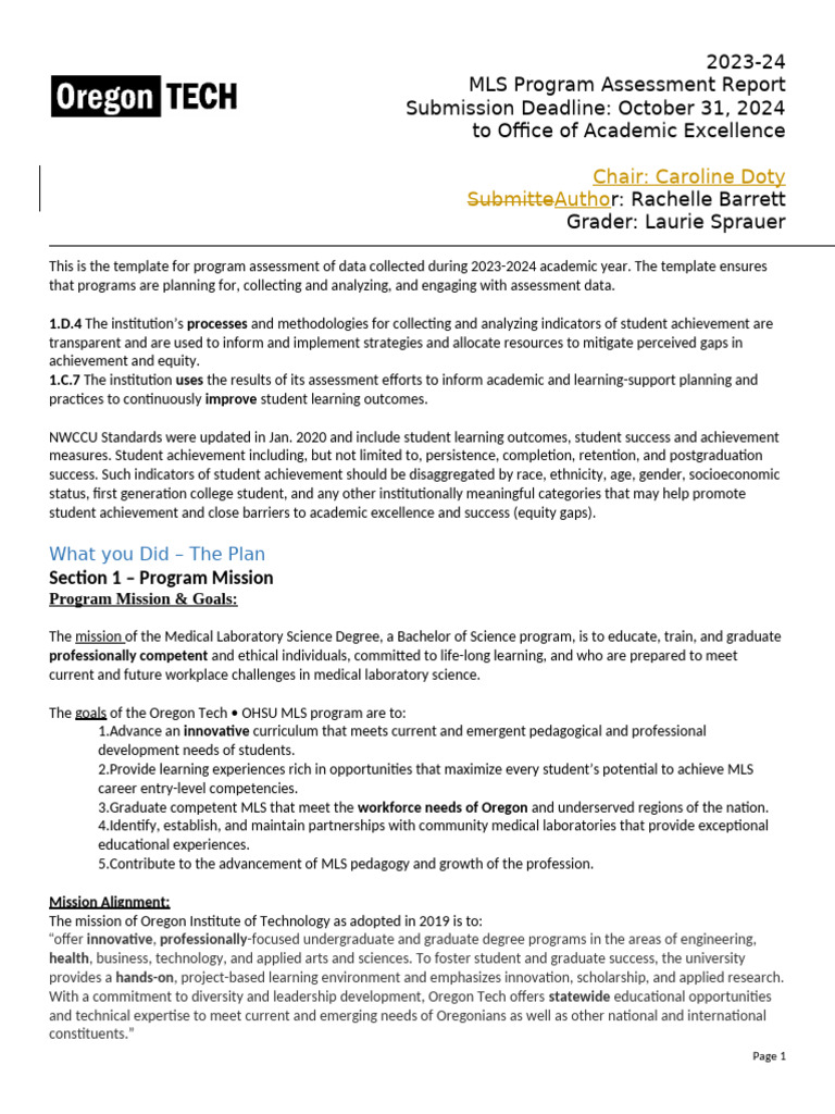 Oregon Tech MLS Program Assessment 2023-24 | PDF | Medical Laboratory ...