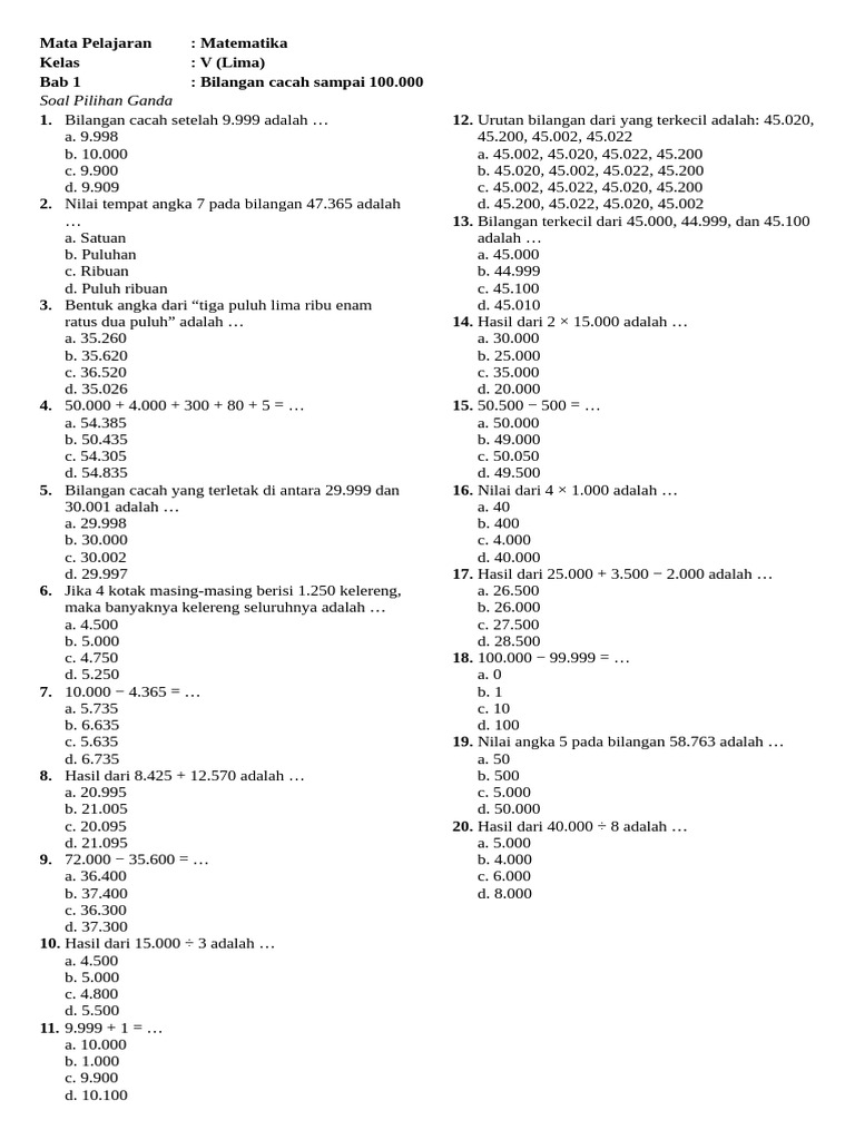 Soal Matematika Kelas 5: Bilangan Cacah | PDF