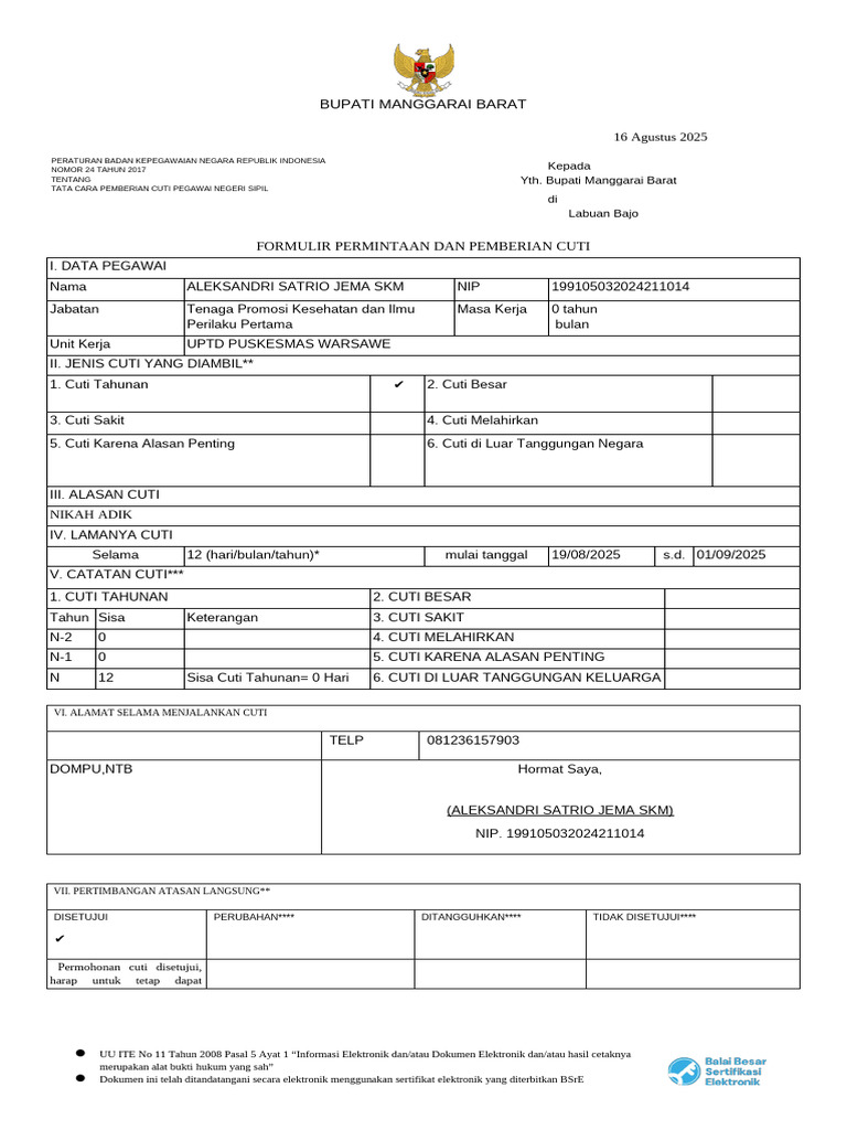 Permohonan Cuti PNS Manggarai Barat | PDF