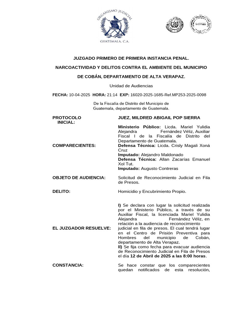 Audiencia de Reconocimiento Judicial en Cobán | PDF | Crimen y ...