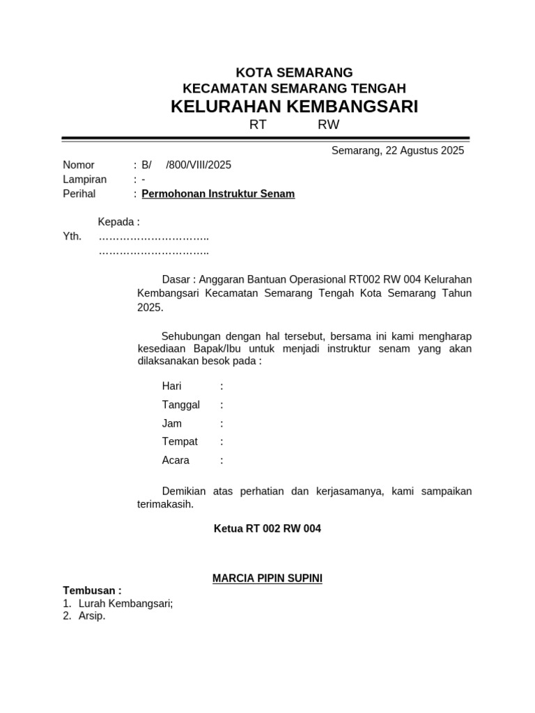 Contoh Permohonan Instruktur Senam | PDF