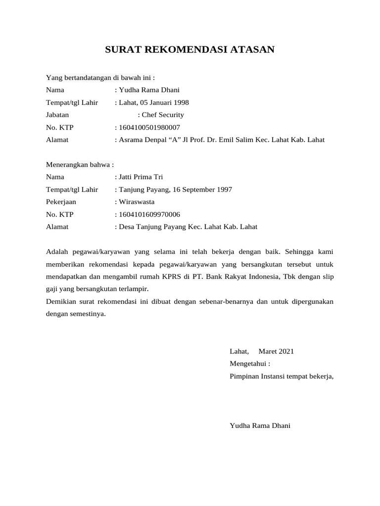 Surat Rekomendasi Karyawan Wiraswasta | PDF