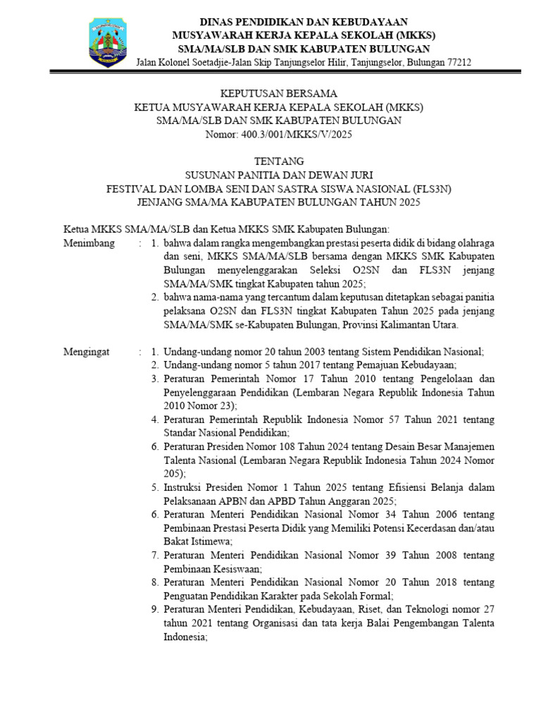 Panitia O2SN dan FLS3N Bulungan 2025 | PDF