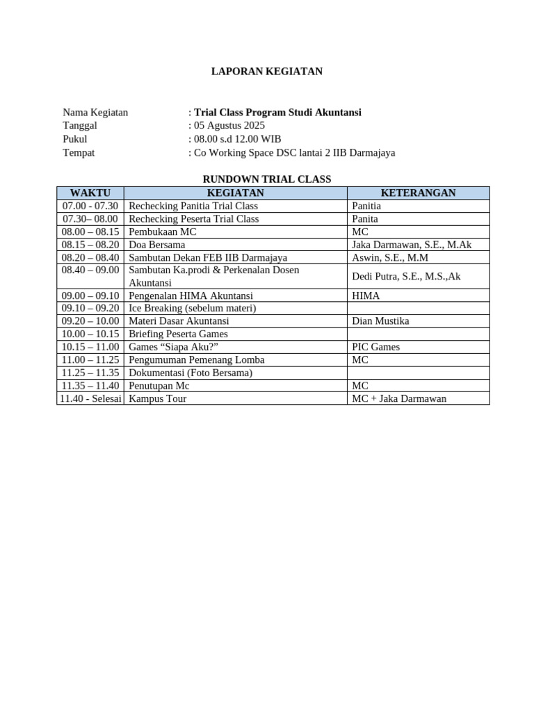 Trial Class Akuntansi IIB Darmajaya 2025 | PDF