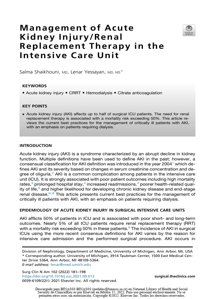 Management of AKI in ICU | PDF | Hemodialysis | Clinical Medicine