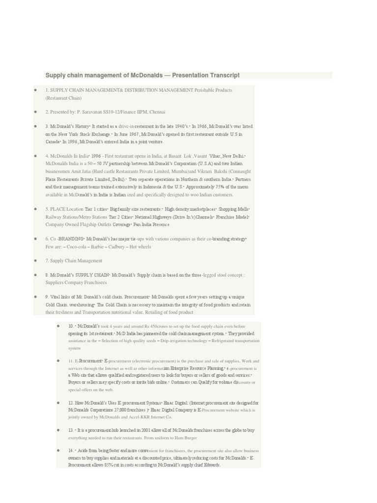 Supply Chain Management of McDonalds PDF Mc Donald's Supply Chain