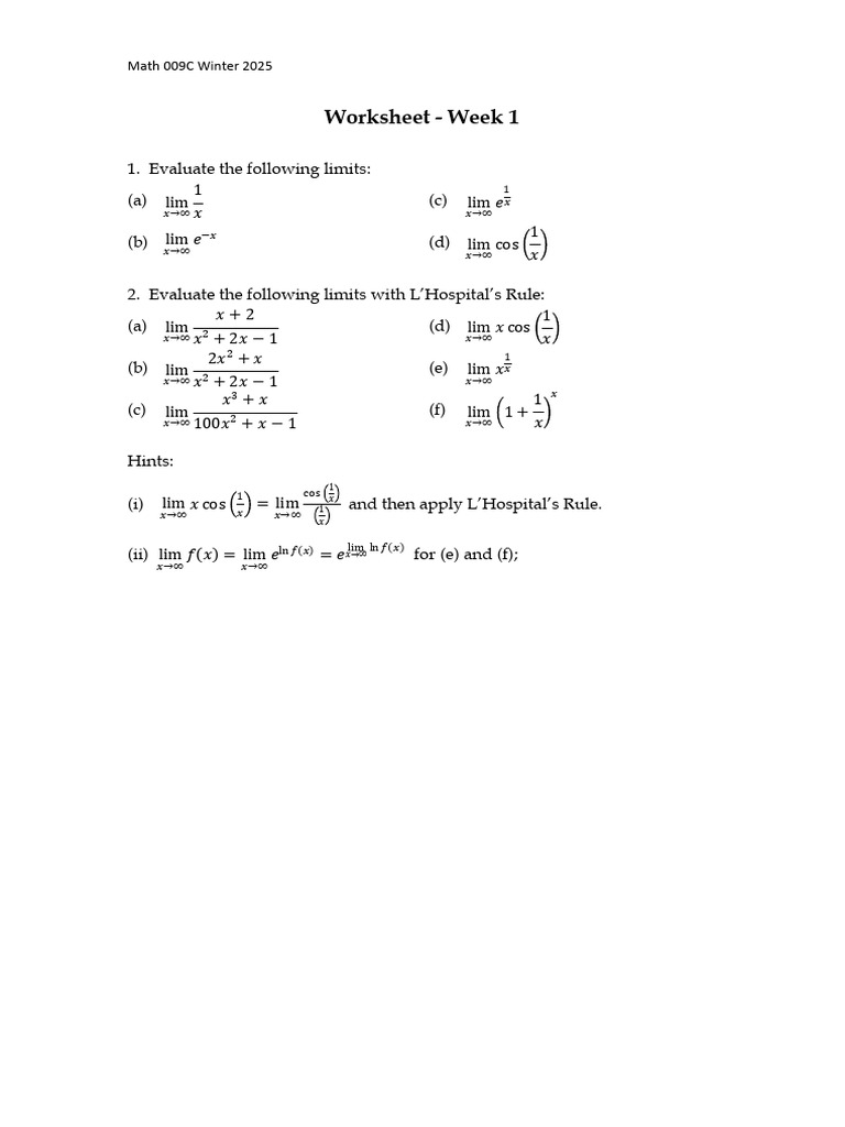 Math 009C Limits Worksheet - Week 1 | PDF