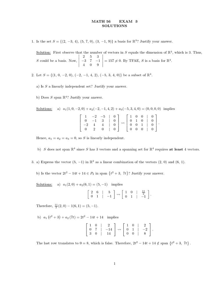 MATH 56 Exam 3 Solutions | PDF | Basis (Linear Algebra) | Functions And ...