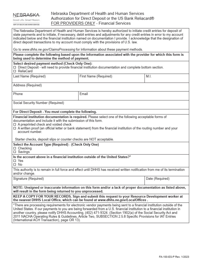 Authorization For Direct Deposit or The US Bank Reliacard For Providers ...